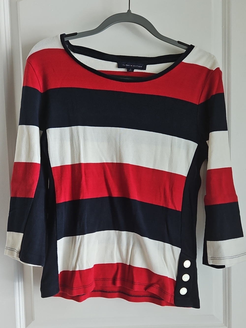 Tommy Hilfiger Red, Navy & White Striped Boatneck 3/4 Sleeve Top